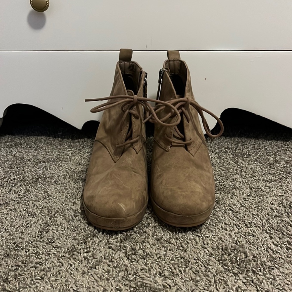 brown suede heeled booties